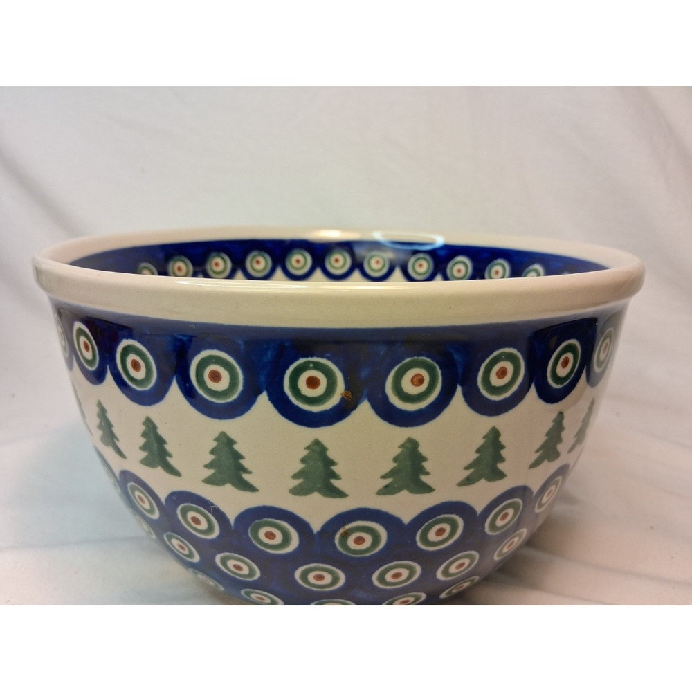 BOLESLAWIEC 8"(W) X 4.25" (H) BOWL HAND PAINTED & HANDMADE PEACOCK PATRN & TREES - Picture 5 of 6